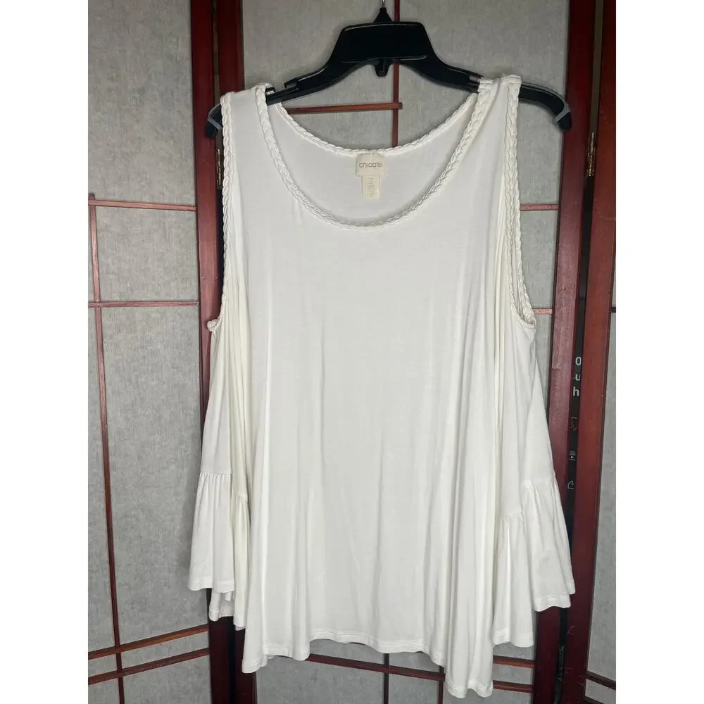 UGC Chico's White Cold Shoulder Bell Sleeve Blouse Braided Trim Boho Flowy Top L - Picture 3 of 9